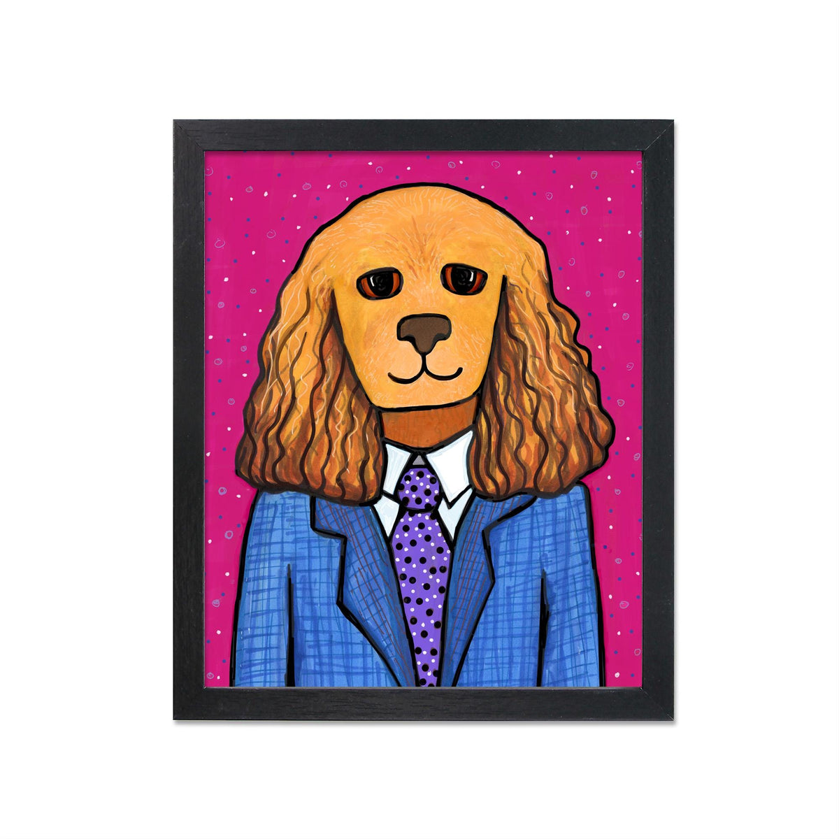 Tanner the Cocker Spaniel Art Print shown in a black frame. Design features cocker spaniel in a blue plaid suit with purple polka dot tie and white dress shirt. Background is deep pink with small white, black and purple dots.