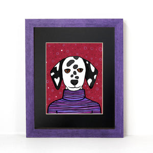 Dottie the Dalmation Dog art print shown in a purple frame with black mat.