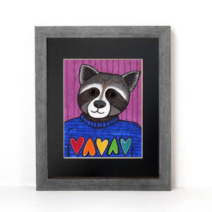 Roxy Raccoon art print shown in a gray frame with black mat.