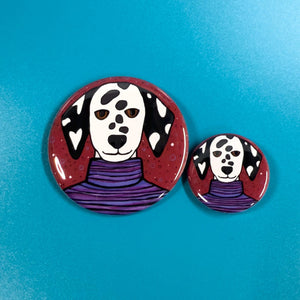 2 sizes of Dalmatian button - 2.25 and 1.25 - shown on a blue background