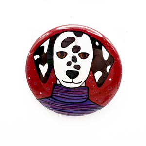 Dottie the Dalmatian Pin Back Button or Fridge Magnet - Cute Dog in Clothes - Fun Pin or Cute Magnet