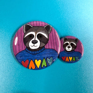 two different sizes of Roxy Raccoon button - 1.25 inch and 2.25 inch