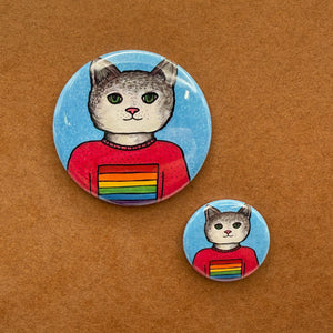 Another view of Sarah the Cat Pride button in two sizes
