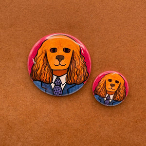 sample sizes of Tanner the Cocker Spaniel - 1.25 inch and 2.25 inch pins and magnets