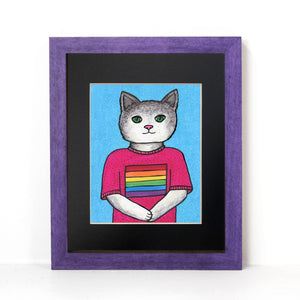 Sarah the Cat Pride Art Print - Cute Gray and White Cat in Rainbow Flag T-shirt - LGBTQ