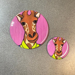 1.25 inch and 2.25 inch George the Giraffe buttons shown side by side