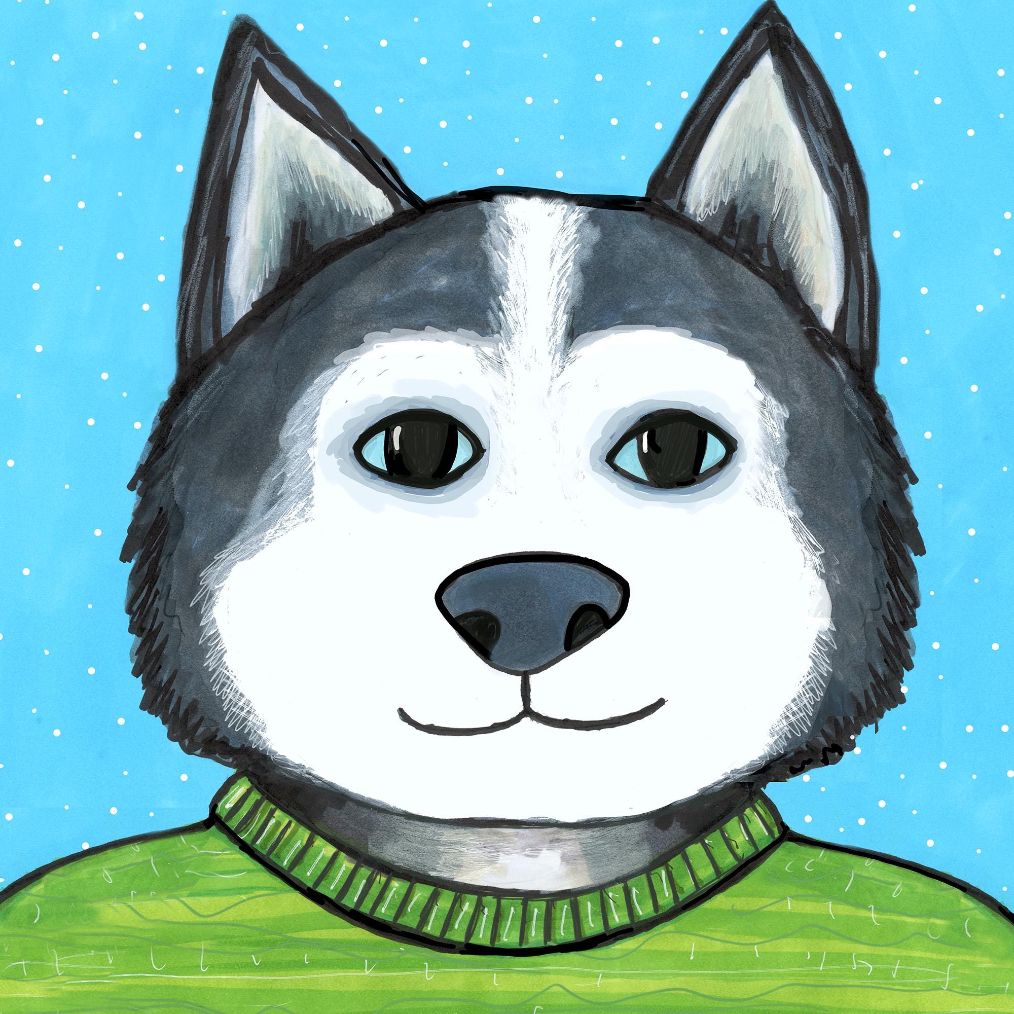 Detail of Kimber the Siberian Husky&#39;s hand drawn face including her blue eyes and gray and white fur.