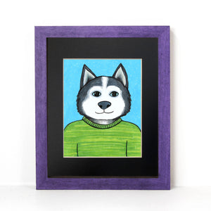 Alternate view of siberian husky print in a black mat with purple wood frame