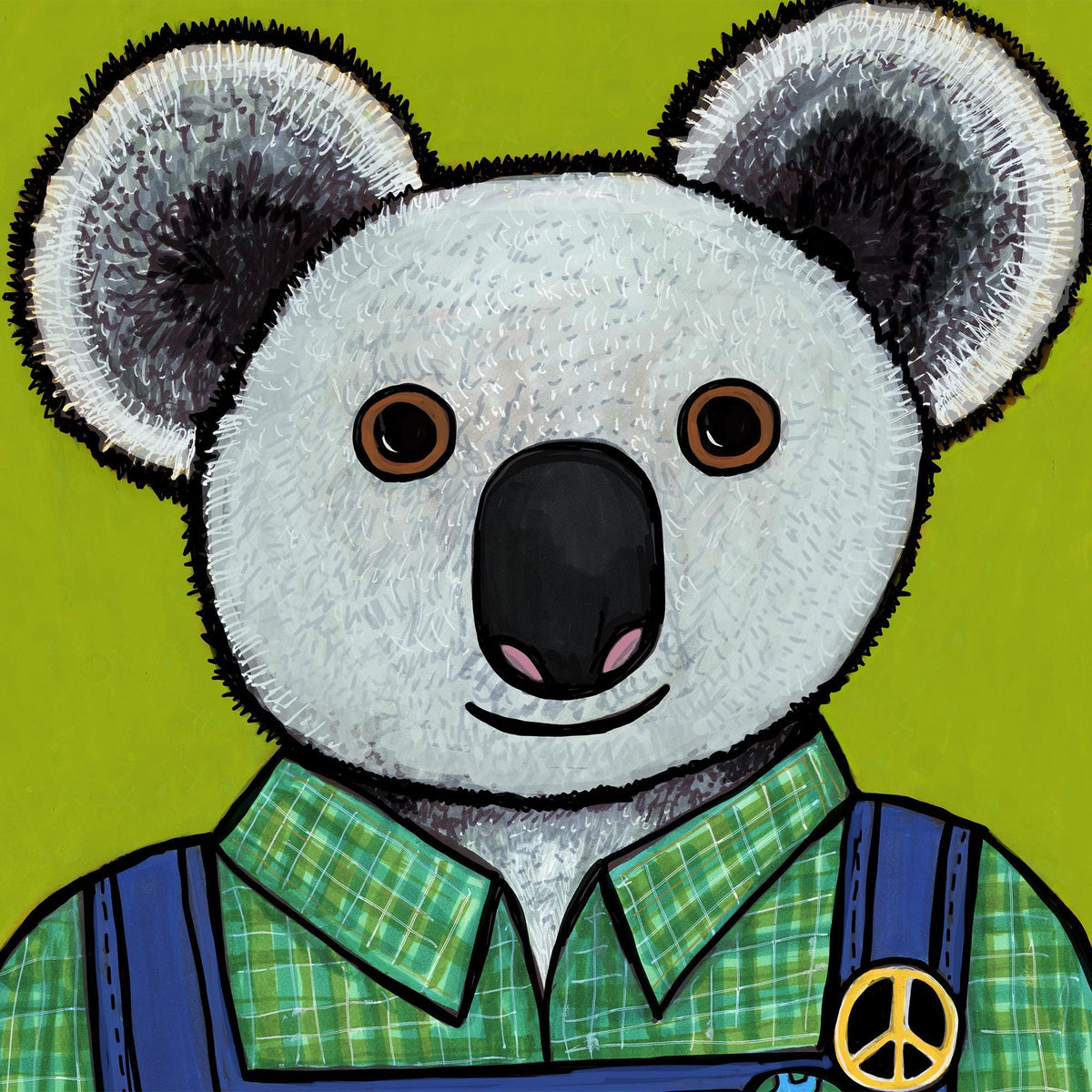 Detail view of koala&#39;s face showing the fur texture as well as a closer look at his clothing - green plaid shirt and blue jean overalls