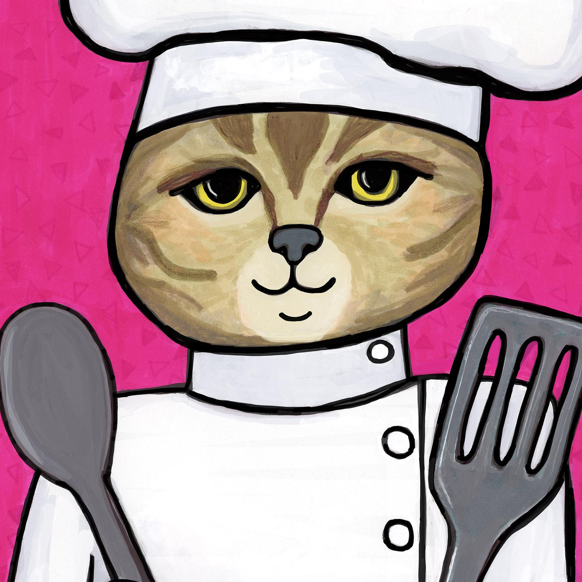 detail of Cat Chef art print featuring an american shorthair cat in a chef&#39;s hat and jacket holding metal spoon and spatula on a pink background