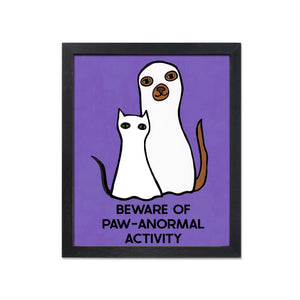 Halloween art print featuring cat and dog in ghost costumes with the words Beware of Paw-anormal Activity on a purple background
