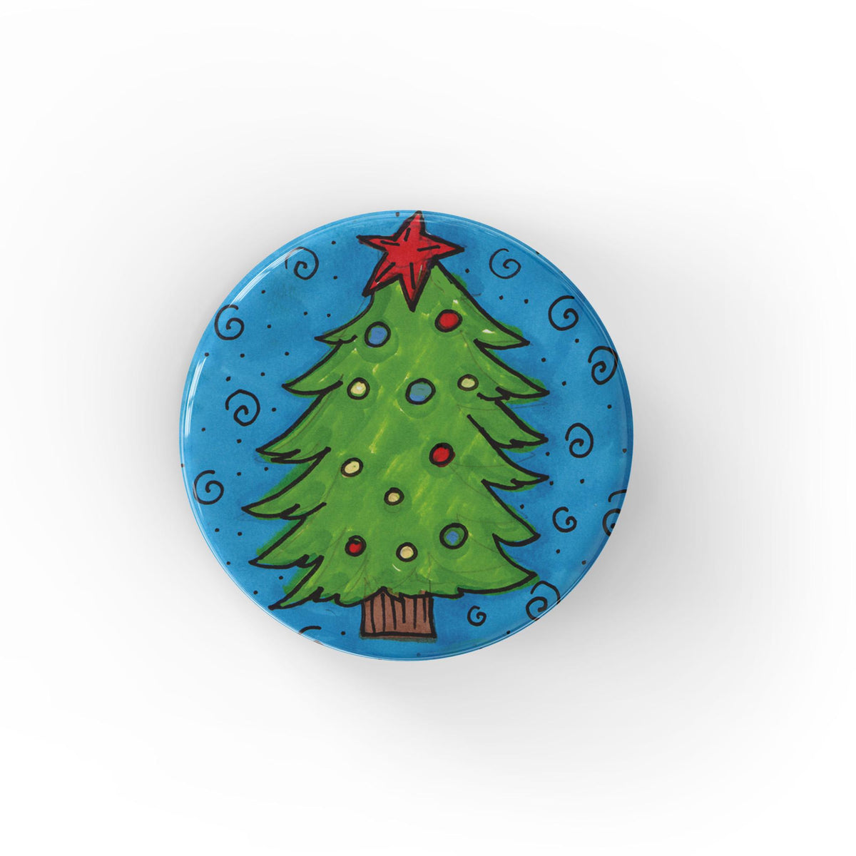 round button with a hand drawn christmas tree with multicolor round ornaments and a red star set on a blue background with swirl pattern