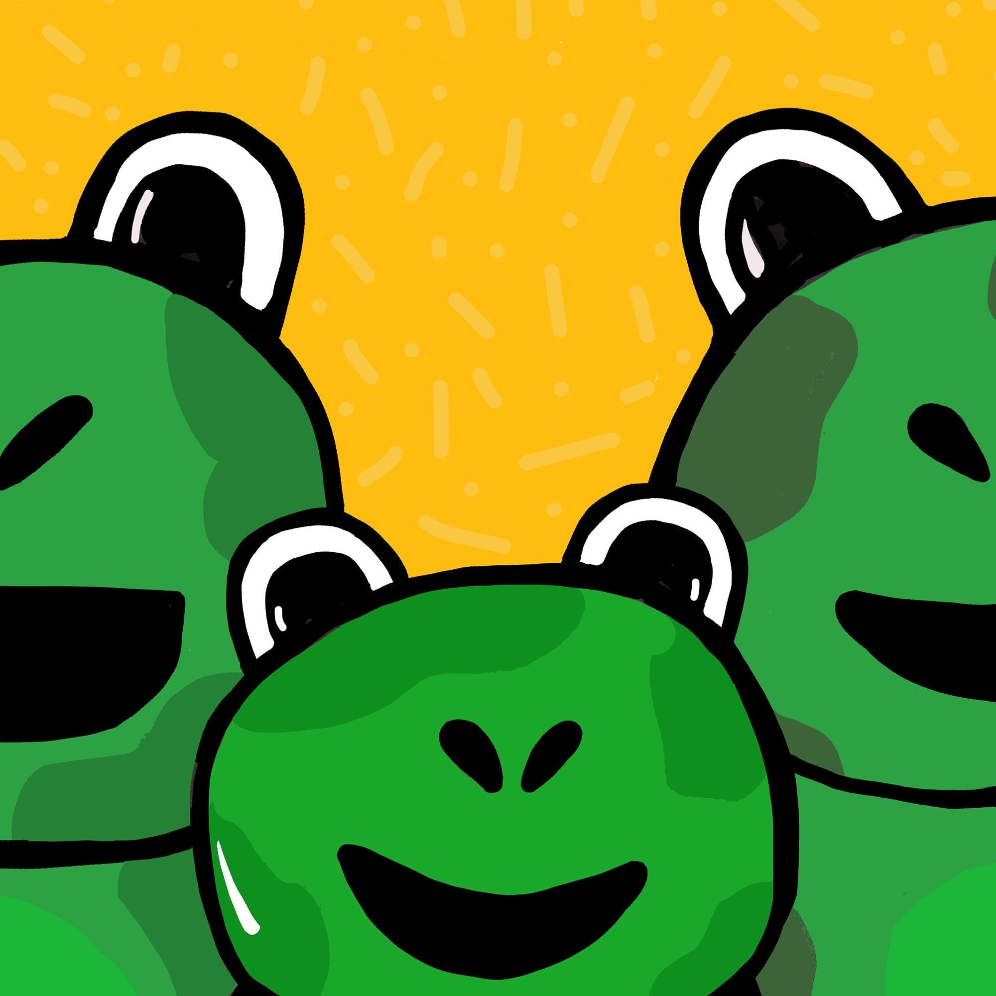Detail of Stronger Together frog print featuring a close of the frog faces and yellow background