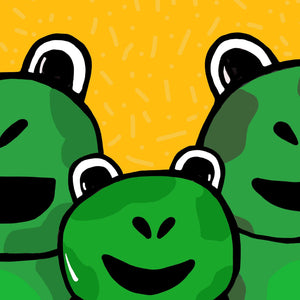 Detail of Stronger Together frog print featuring a close of the frog faces and yellow background