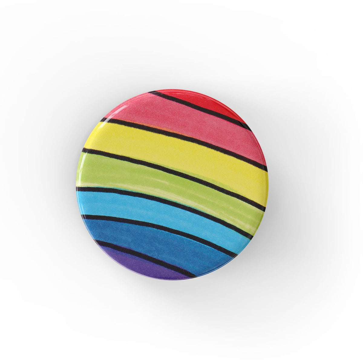 Round button with hand drawn rainbow that fills the design. Available as pin back buttons, fridge magnets, and pocket mirrors.