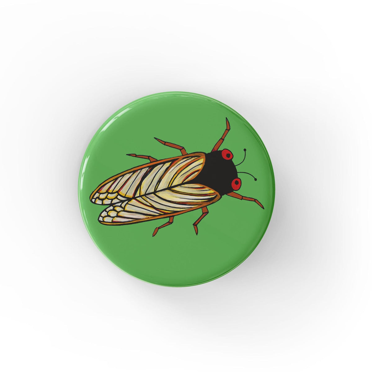 Round green button with a hand drawn cicada