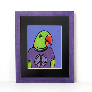 Oscar the Alexadrine Parrot in a black mat and purple frame