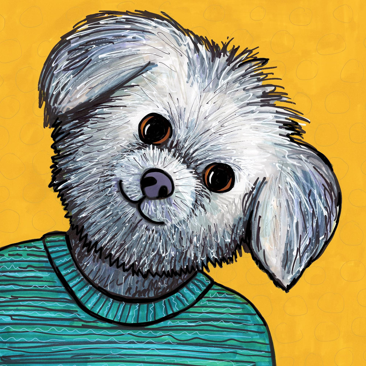 art print featuring whimsical white and gray shih tzu dog with a titled head wearing a blue sweater with stripes on a yellow ochre background with subtle circular pattern