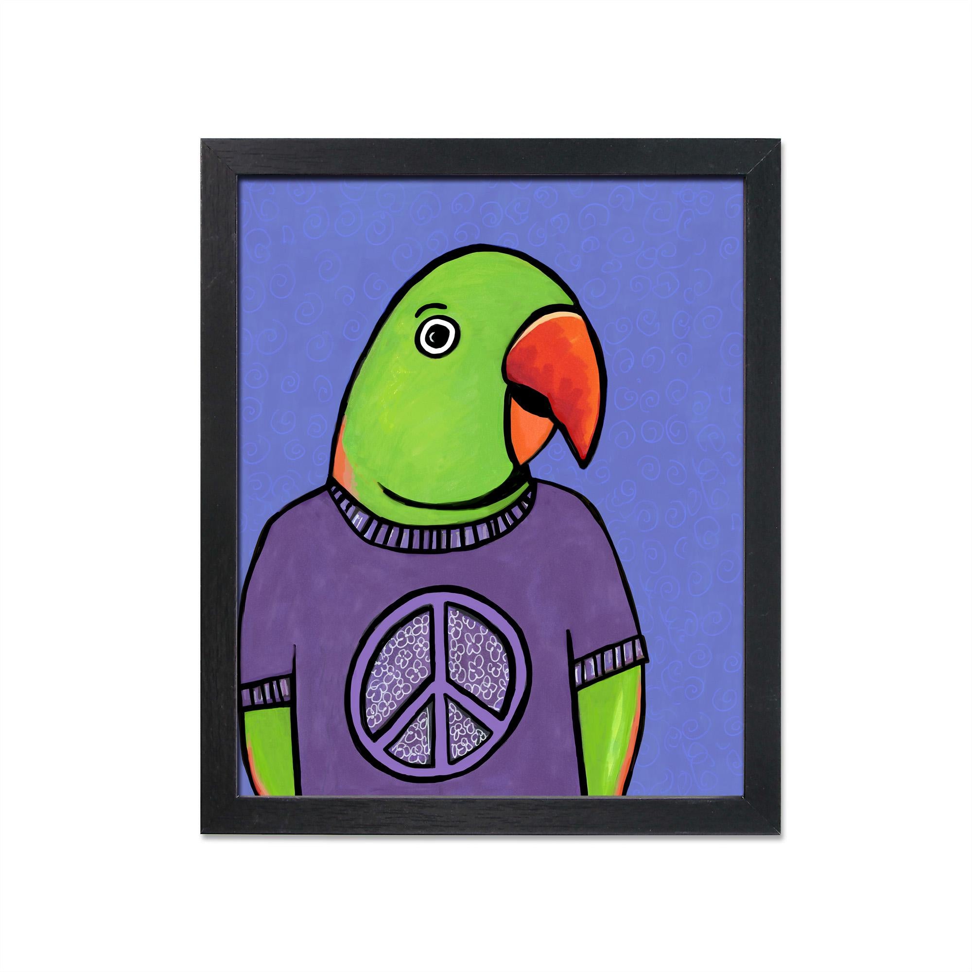 Oscar the Alexandrine Parrot art print in a black frame