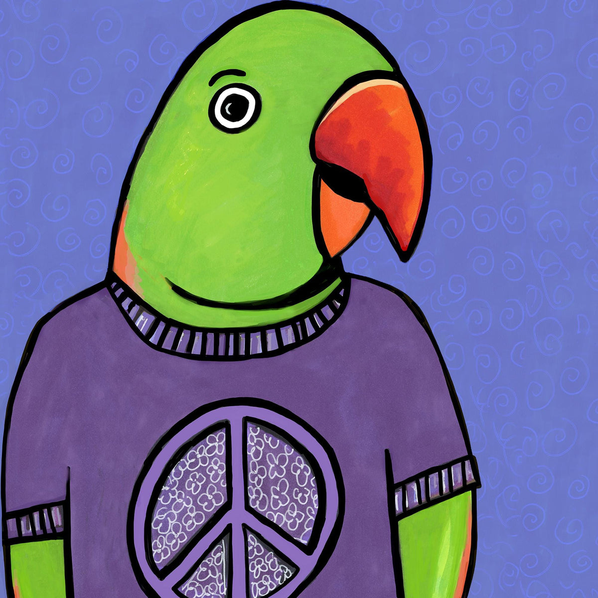 Detail image of Oscar the Alexandrine Parrot art print - Green bird with red and orange beak, green, black and pink feathers, and a purple tshirt with peace sign. The bird is on a purplish blue background with subtle swirling lines.