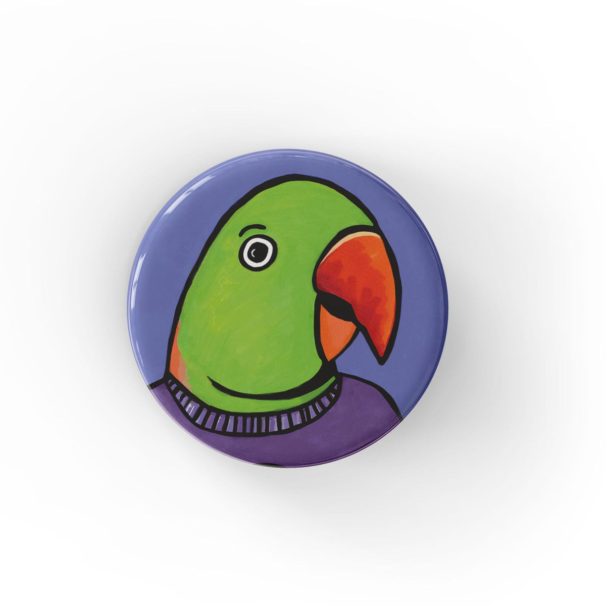 round button with a green alexadrine parrot bird&#39;s head on a purplish blue background