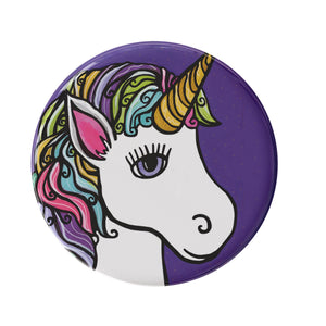 round button with a unicorn design with rainbow mane on a purple background