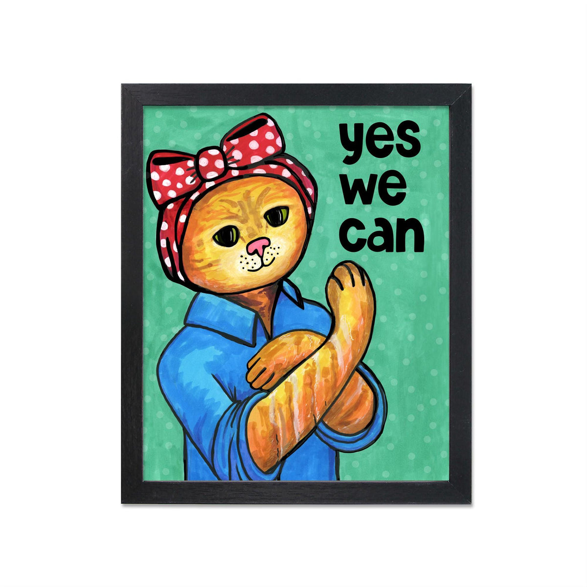 Rosie the Riveter as a Cat - Yellow Tabby cat in red head scarf and blue shirt with the words Yes We Can