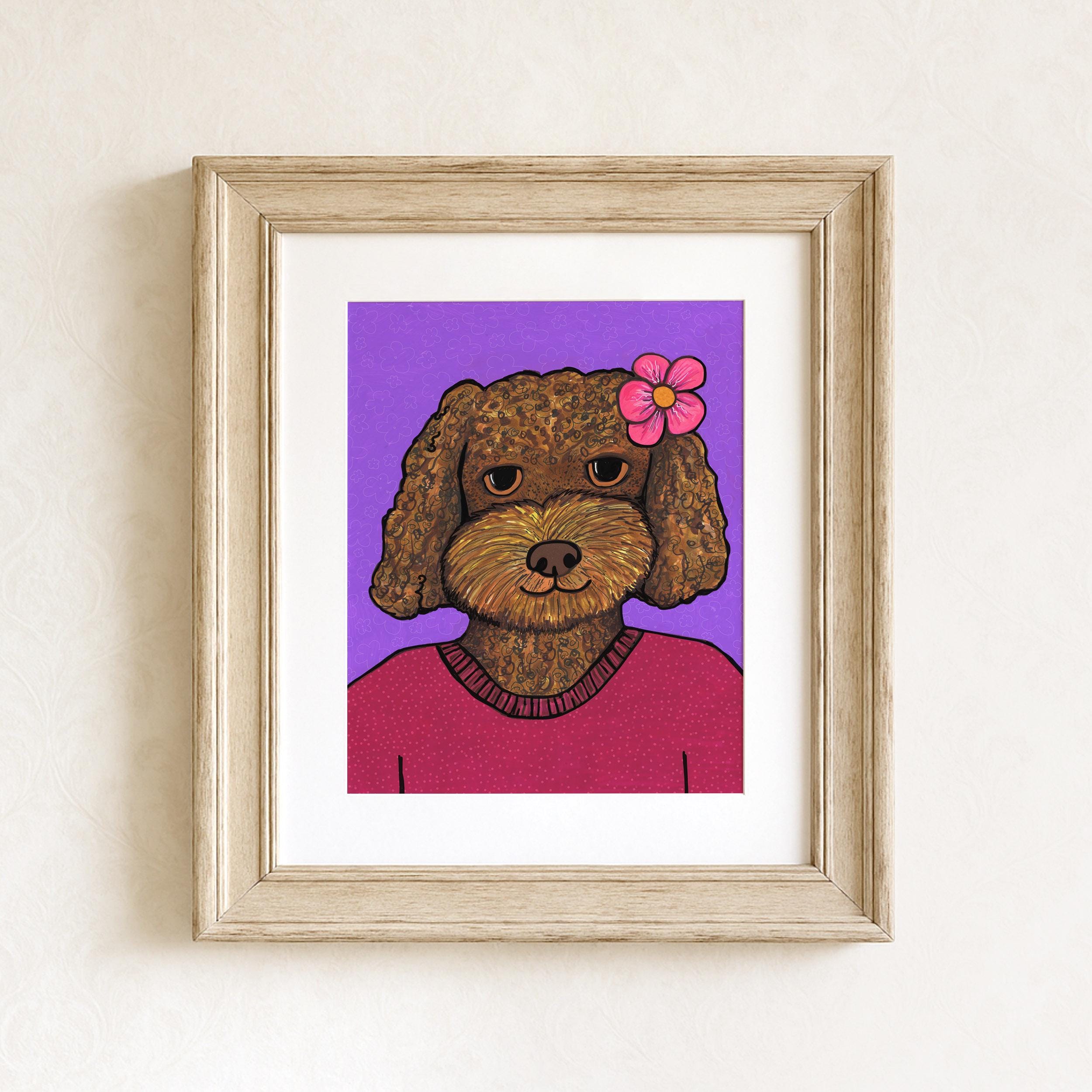 Lila the Golden Doodle art print shown in a wooden frame with white matte