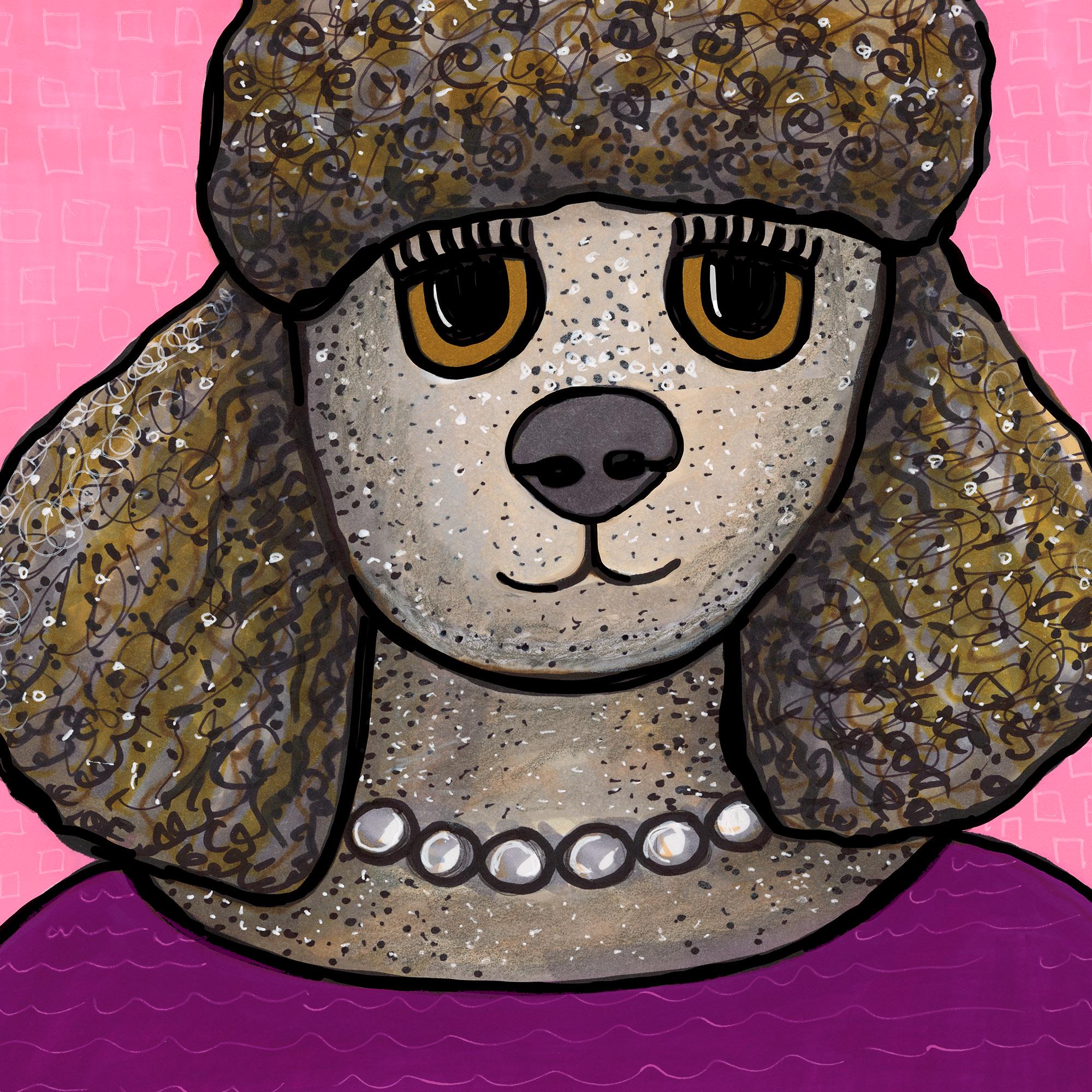 Detail of Penelope the Poodle's face featuring her soulful brown eyes and curly hair as well as the details of her necklace and shirt.