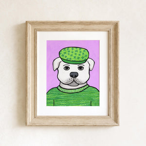 Sean the Bulldog art print shown in a white matte and light brown wood frame