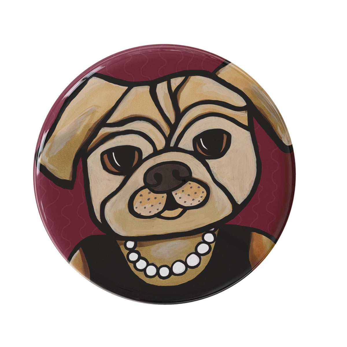 round button with a pug dog. Dog is wearing a black sleeveless dress and pearl necklace. the background is deep cranberry. available as a magnet or pin or pocket mirror