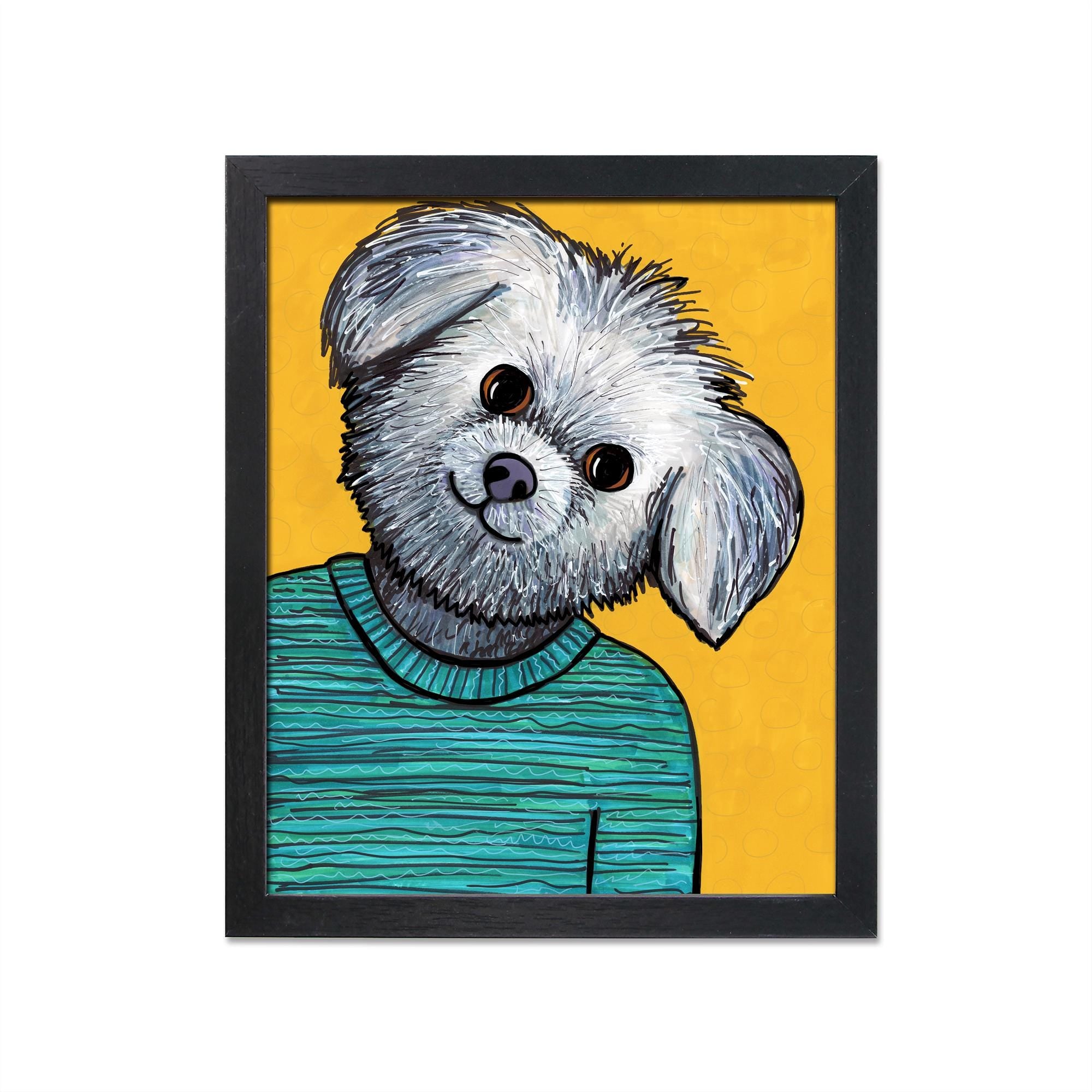 sample black frame with art print featuring whimsical white and gray shih tzu dog with a titled head wearing a blue sweater with stripes on a yellow ochre background with subtle circular pattern