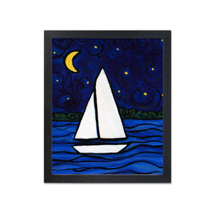 May include: A white sailboat with a yellow crescent moon in the sky above a blue body of water with a dark blue background. The water is depicted with wavy lines and the sky is filled with small yellow circles.