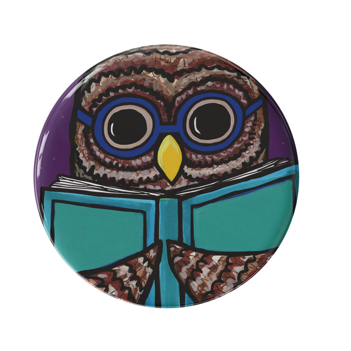 round button with a cute owl in blue glasses holding a book and reading