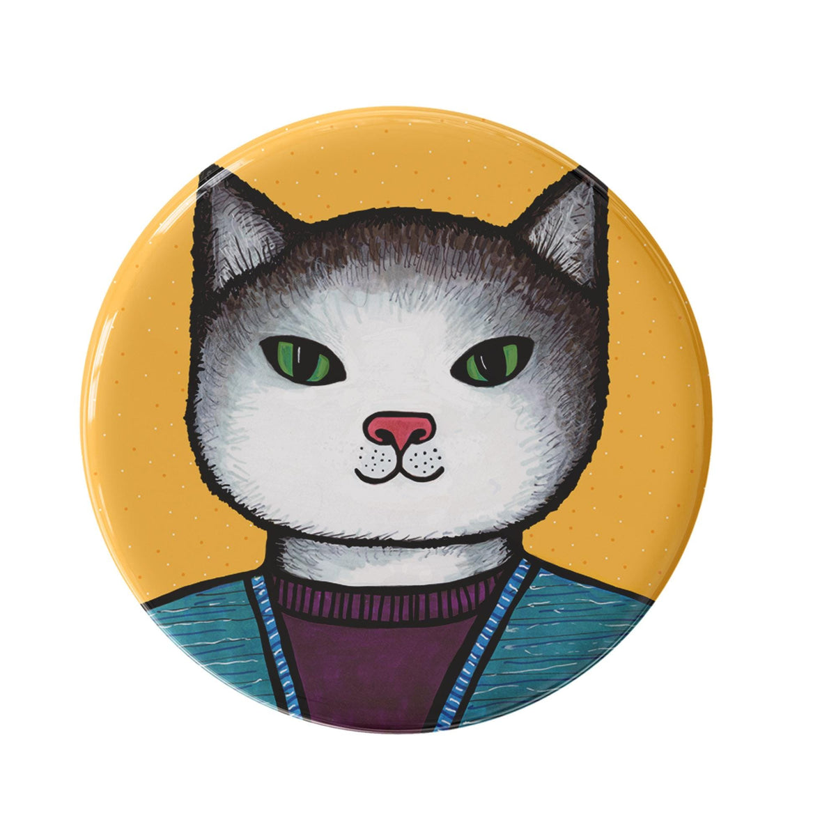 round button featuring a gray and white cat in a blue cardigan sweater and purple shirt on a yellow background