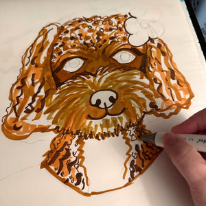 work in progress view of Claudine Intner creating the golden doodle drawing