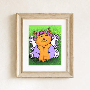 Chloe the Cat Fairy art print shown in a wooden frame with white matte
