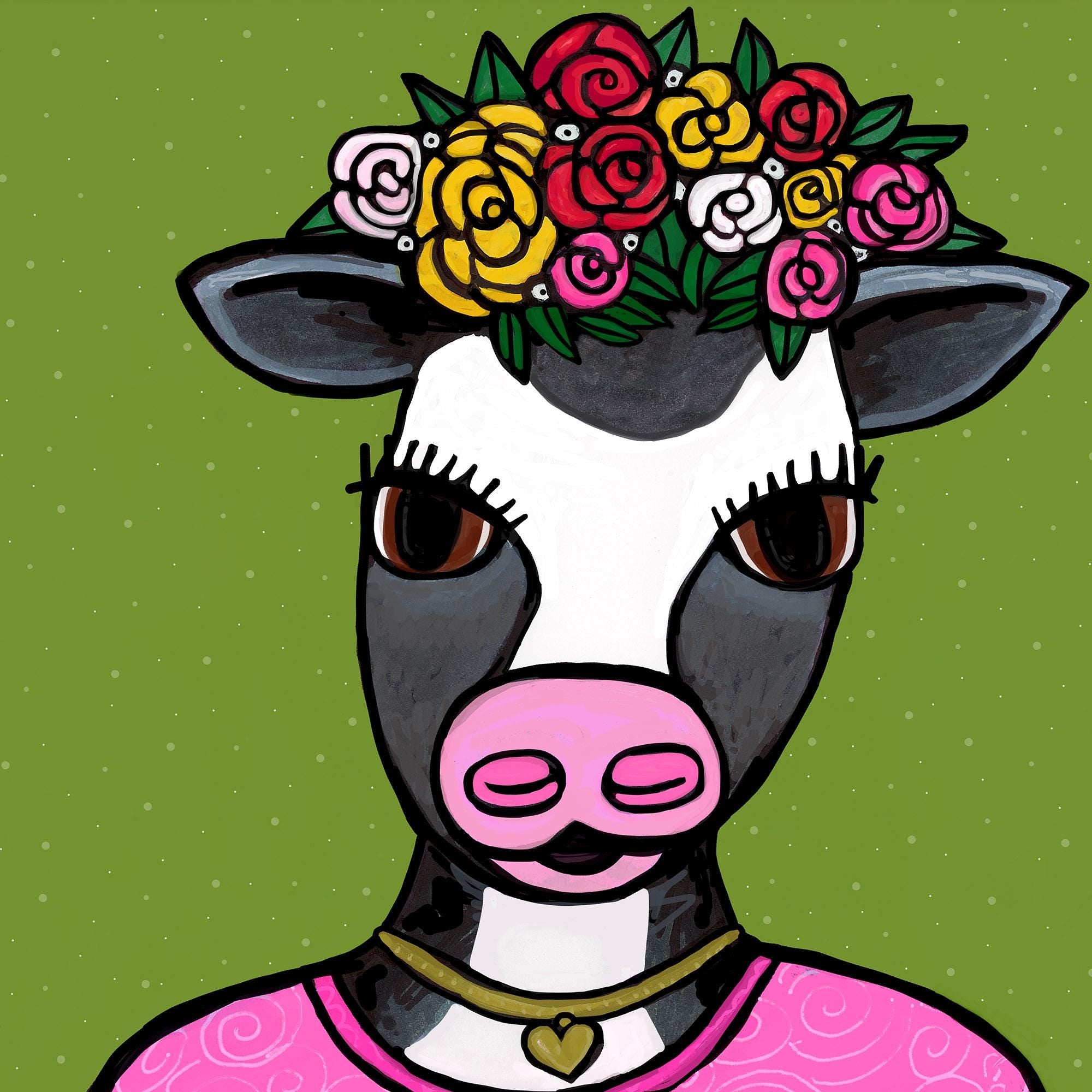 Detail of Sophie the Cow art print showing her flower crown and her face