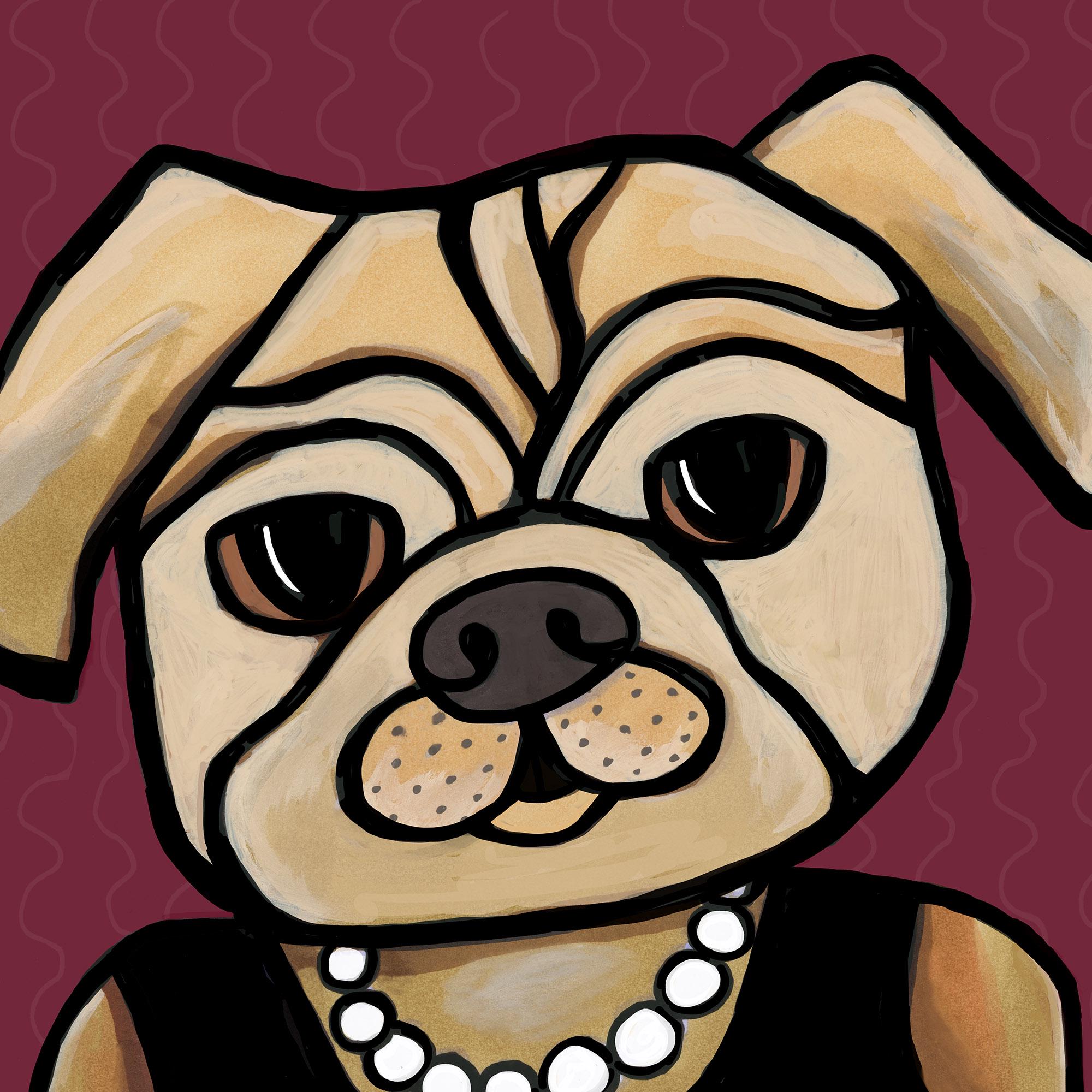 detail of Bella the Pug art print showing her face and necklace