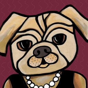 detail of Bella the Pug art print showing her face and necklace