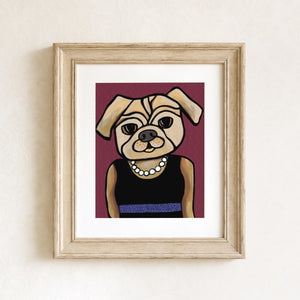 Bella the Pug art print shown in a white matte and light brown wooden frame