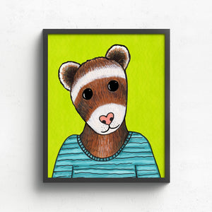 art print featuring a brown ferret in blue striped sweater on a bright green background with wavy lines