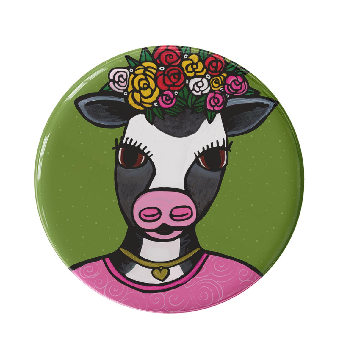 round button available as a magnet or pinback featuring a black and white cow with flower crown, gold heart locket, and pink shirt on a green background