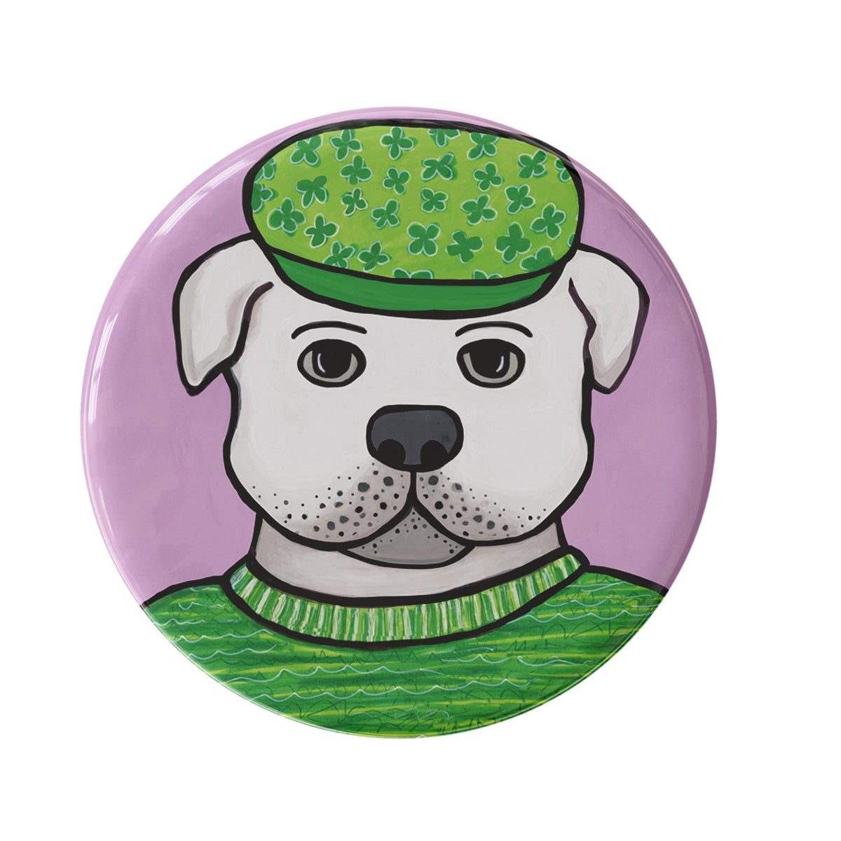 round button with sean the bulldog - a white dog wearing a green clover cap and green striped sweater on a lavender background