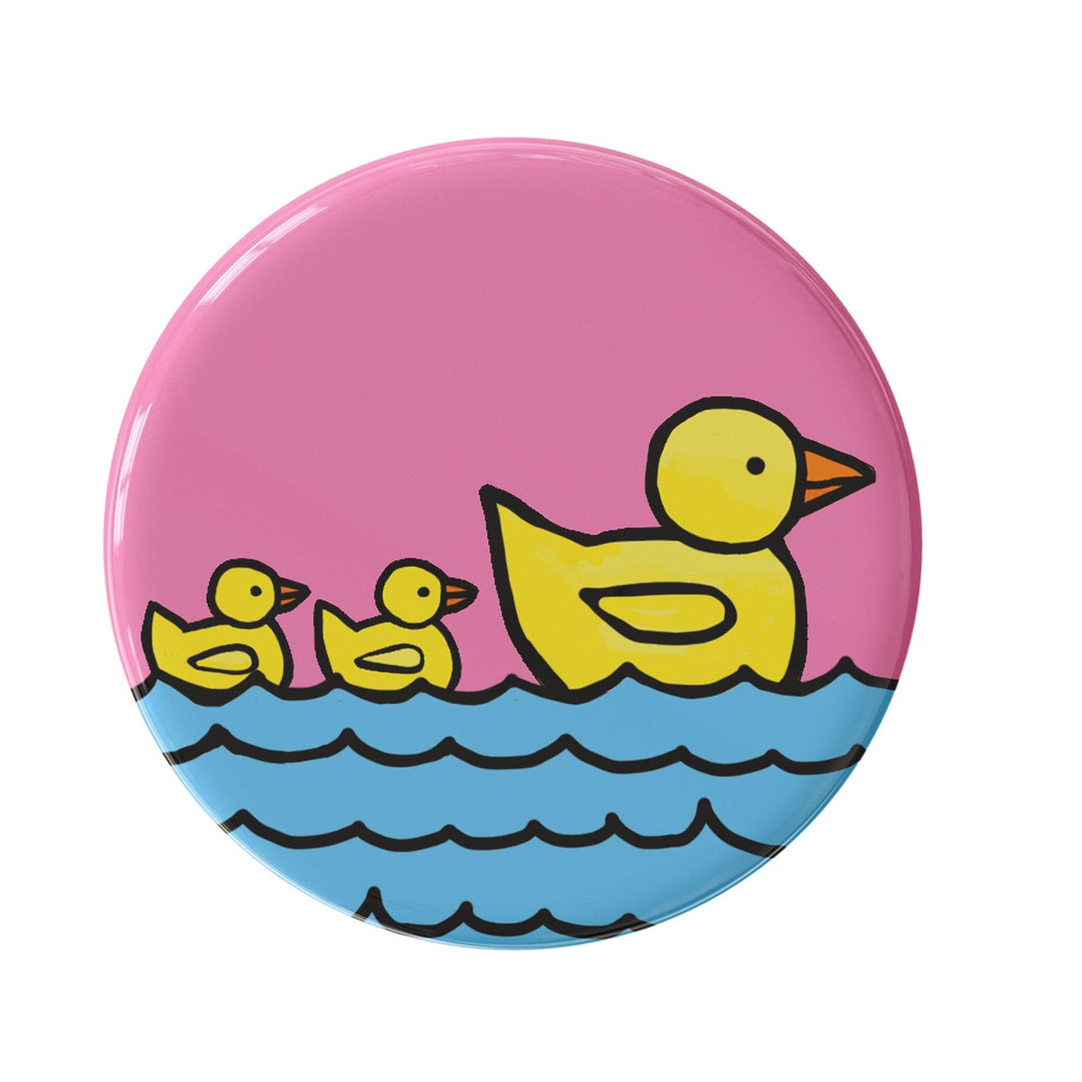 round pink button with yellow momma duck and two ducklings on blue water