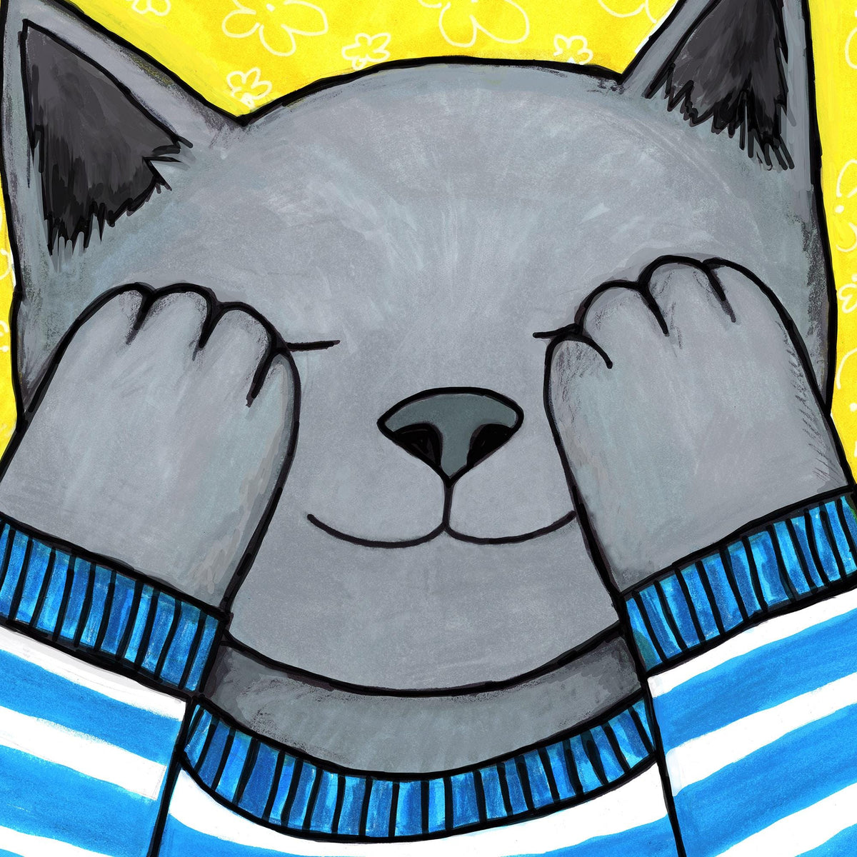 detail of Teddy Plays Hide N Seek art print showing gray cat covering eyes with paws. cat is in a blue and white striped sweater. the background is bright yellow with white flower pattern.