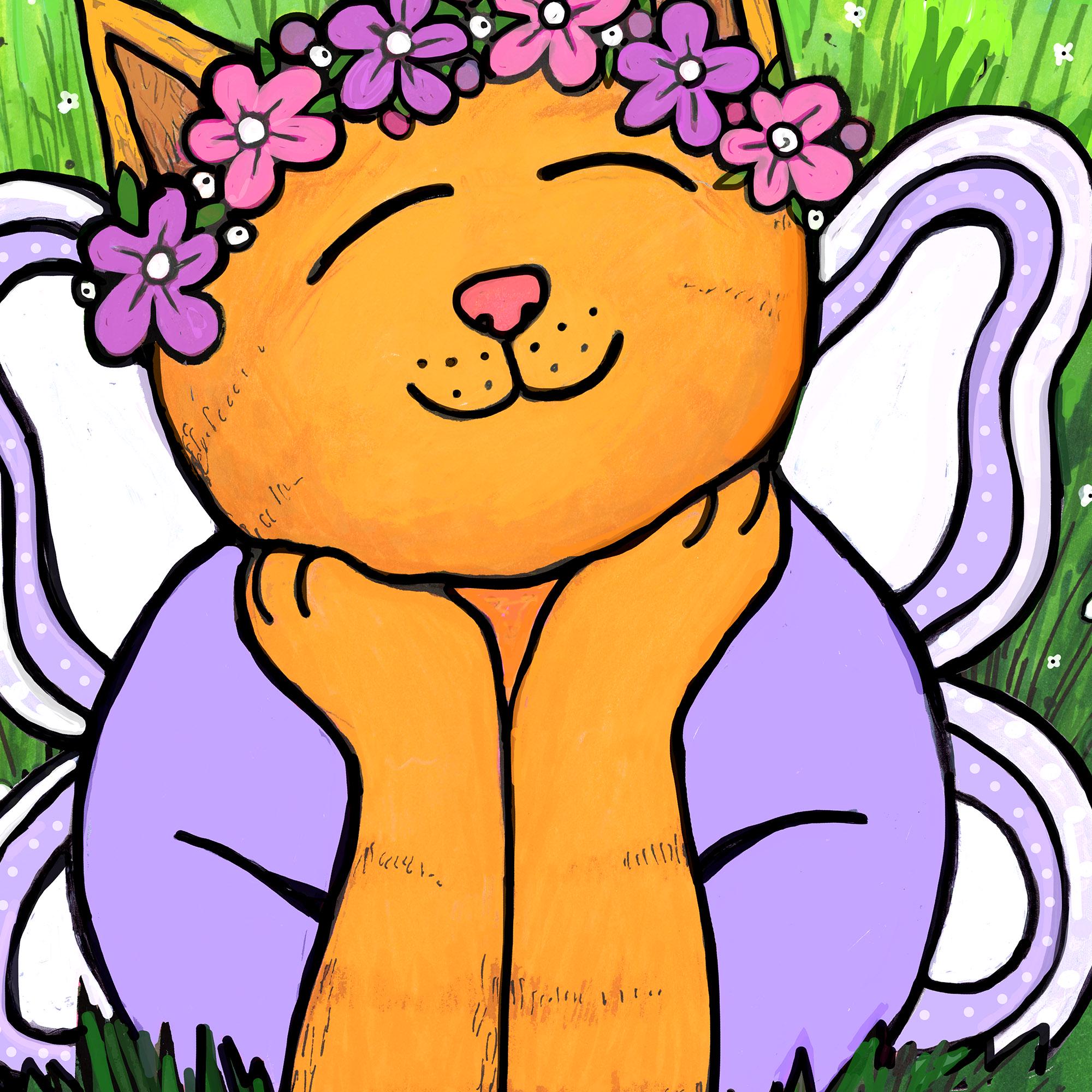 detail of Chloe the Cat Fairy - yellow tabby cat with purple shirt and purple and white wings and pink and purple flower crown.