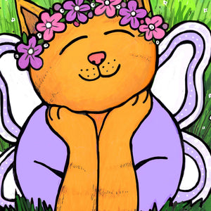 detail of Chloe the Cat Fairy - yellow tabby cat with purple shirt and purple and white wings and pink and purple flower crown.