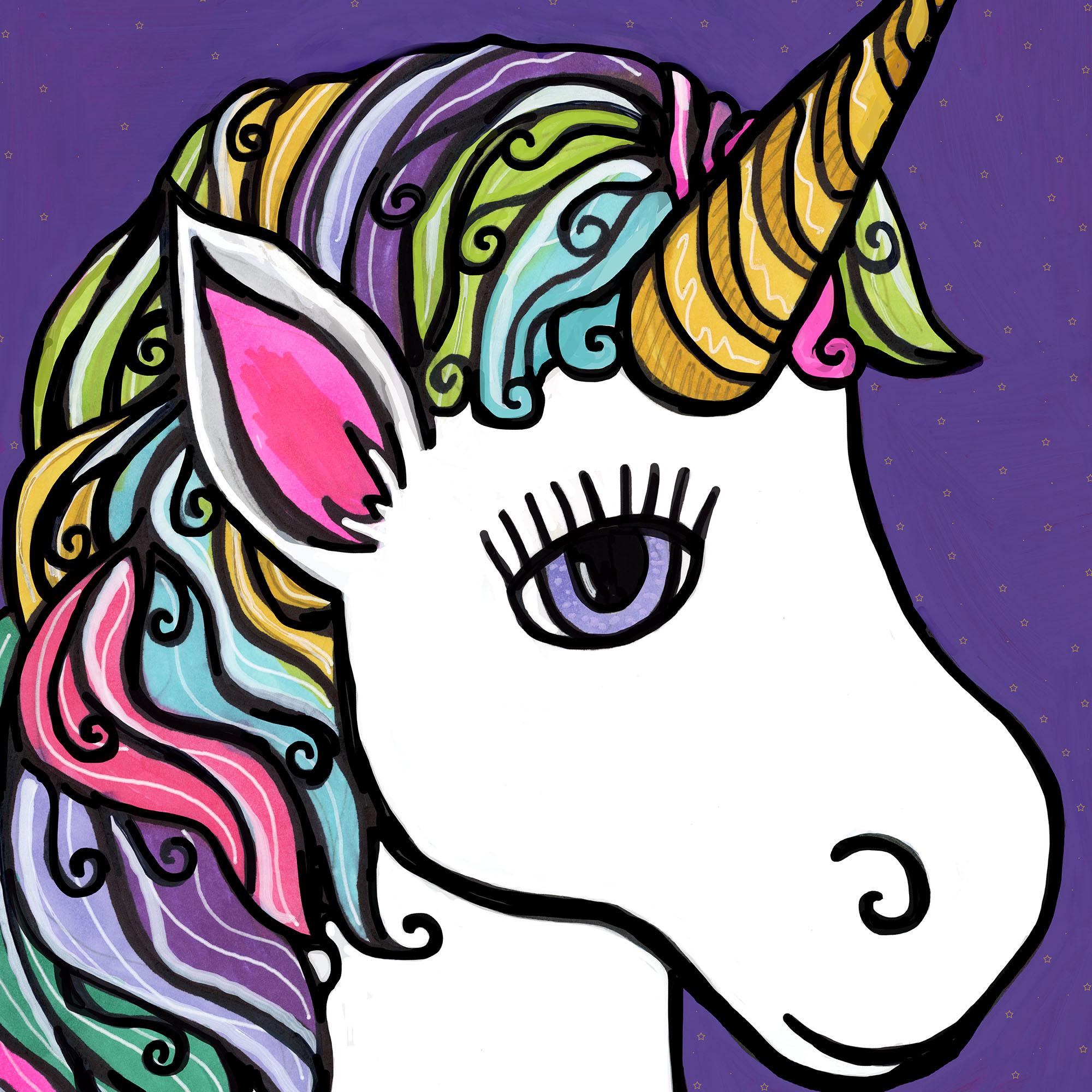detail of unicorn art showing a close up of the face, mane, and horn.