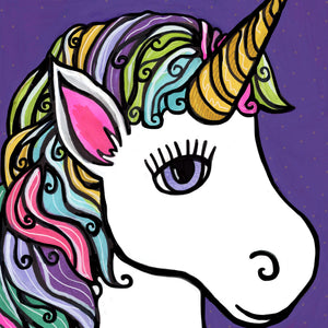 detail of unicorn art showing a close up of the face, mane, and horn.